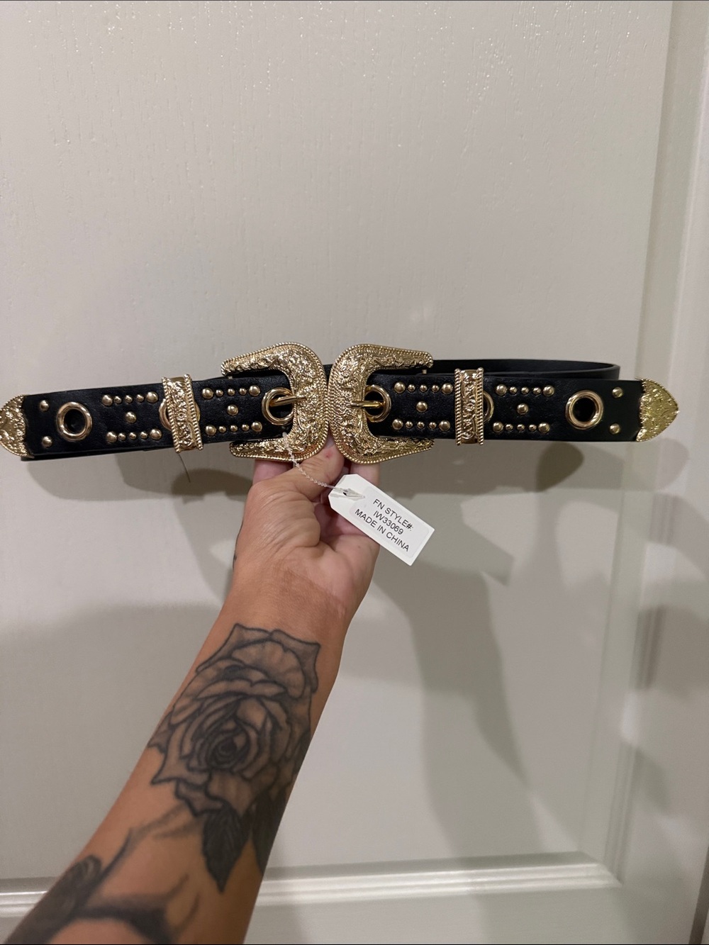 NWT Black Western Double Buckle Statement Belt with Gold Hardware